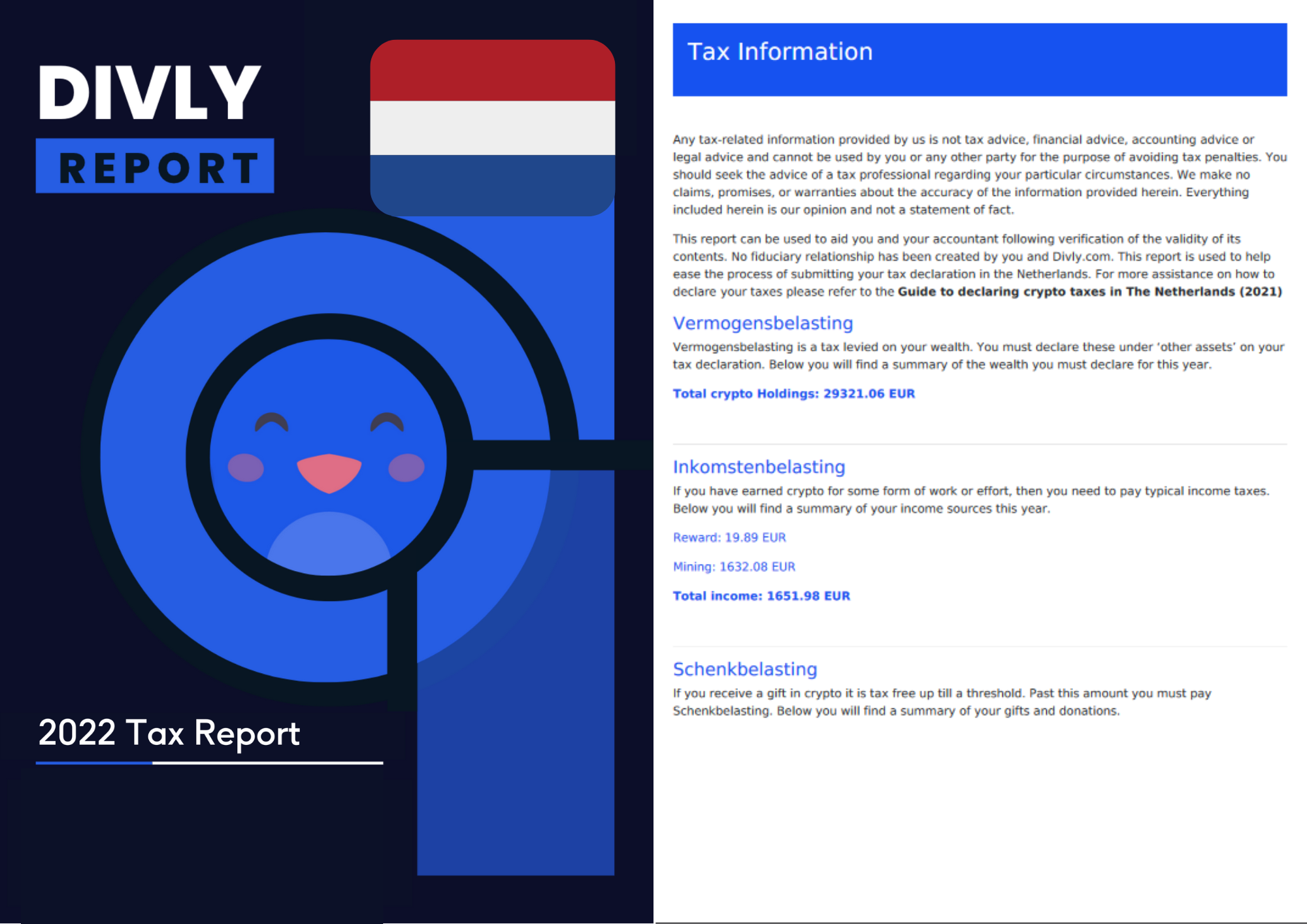 Divly's tax report has all the information needed for your crypto tax declaration